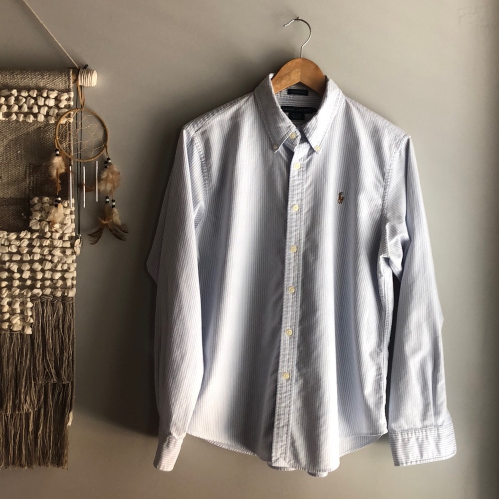 Ralph Lauren Classic Fit Oxford Blue Seersucker Button Down Shirt Polo Logo 16